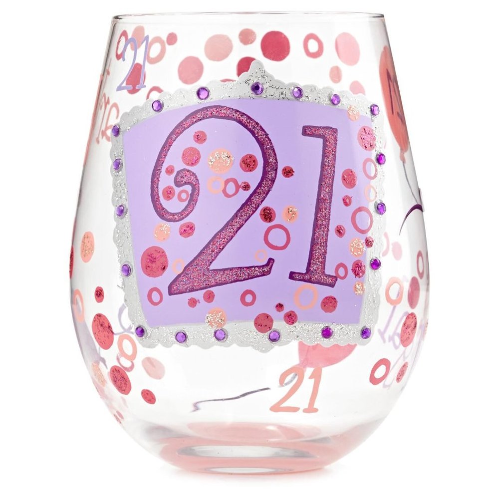 Lolita 21st Birthday Hand-Painted Stemless Wine Glass, 20 oz.